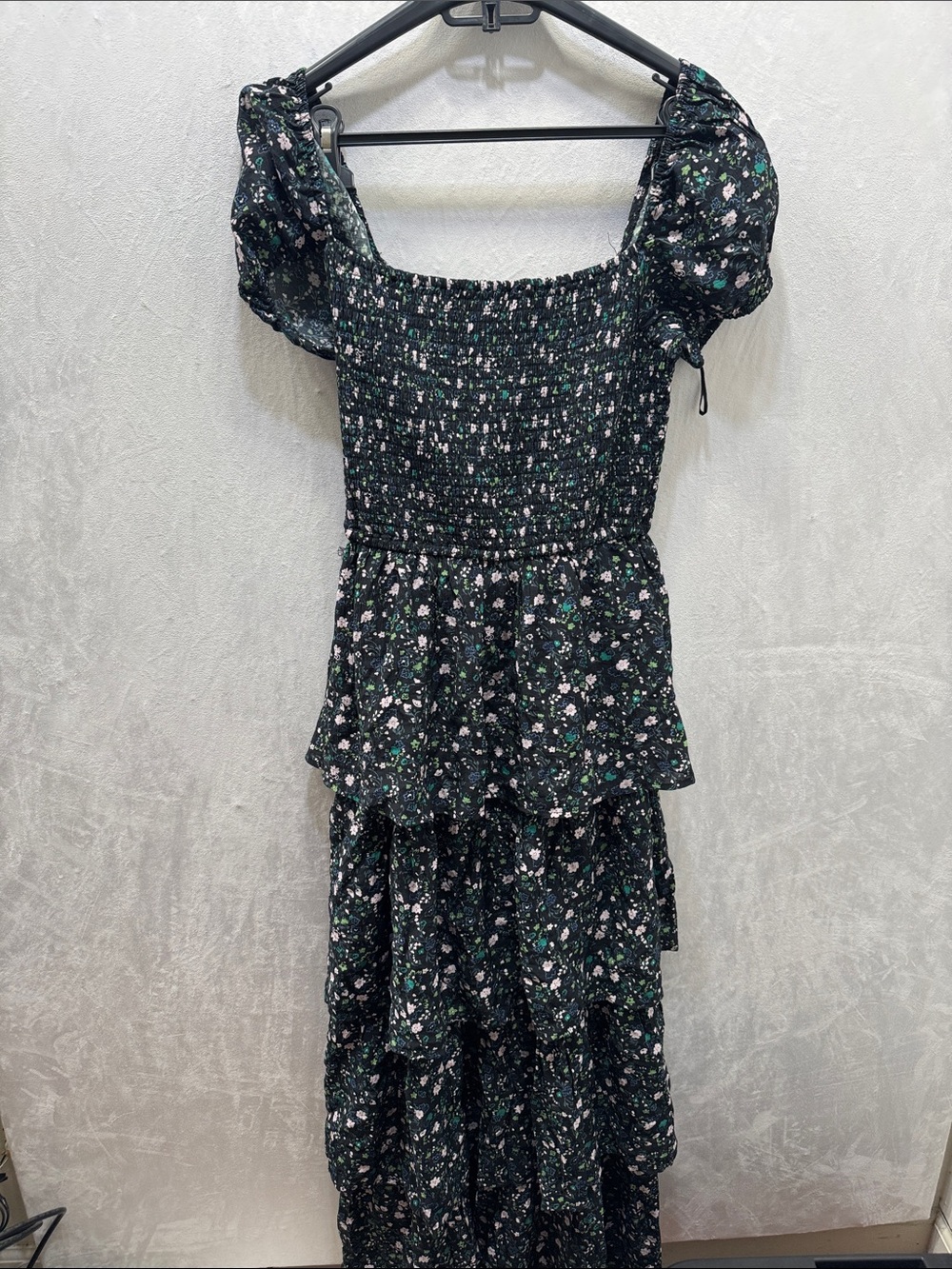 Smocked Puff-Sleeve Floral Maxi Dress - Black Floral